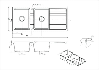 MN Ria Double Bowl Granite Sink 1160 X 500 X 210/210mm - 25L + 25L Black Graphite - Sydney Home Centre