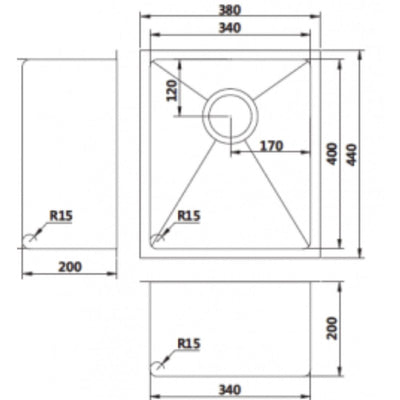 MN Single Bowl 440mm x 380mm Round Waste & Round Corner Gun Metal