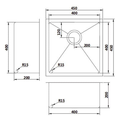 MN Single Bowl 450mm x 450mm Round Waste & Round Corner Copper