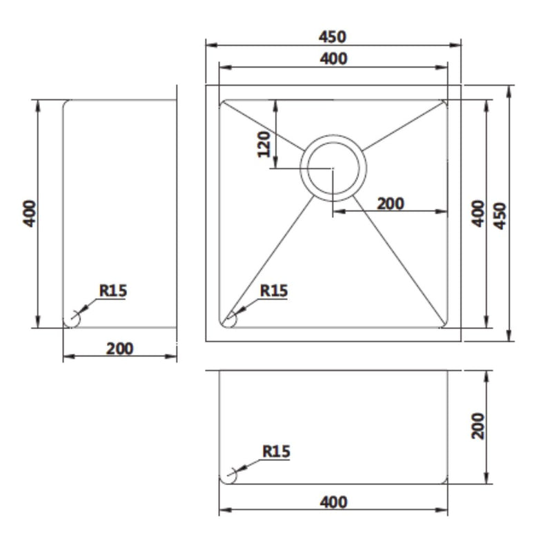 MN Single Bowl 450mm x 450mm Round Waste & Round Corner Light Gold