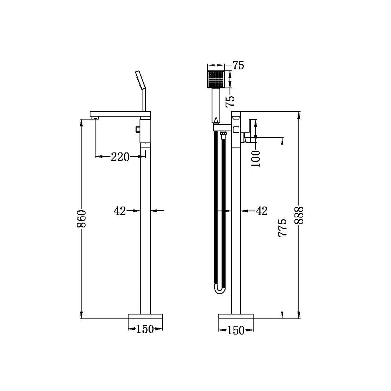 Nero Square Floormount Mixer With Handshower Chrome - Sydney Home Centre