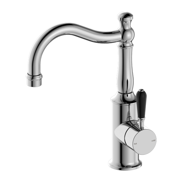 Nero York Basin Mixer Hook Spout With Black Porcelain Lever Chrome - Sydney Home Centre