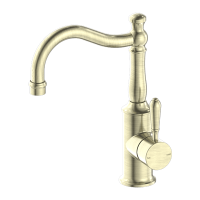 Nero York Basin Mixer Hook Spout With Metal Lever Aged Brass - Sydney Home Centre