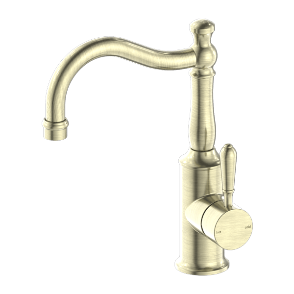 Nero York Basin Mixer Hook Spout With Metal Lever Aged Brass - Sydney Home Centre