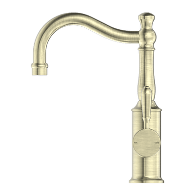 Nero York Basin Mixer Hook Spout With Metal Lever Aged Brass - Sydney Home Centre