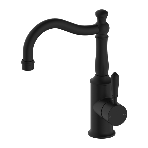 Nero York Basin Mixer Hook Spout With Metal Lever Matte Black - Sydney Home Centre