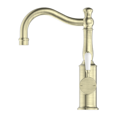 Nero York Basin Mixer Hook Spout With White Porcelain Lever Aged Brass - Sydney Home Centre