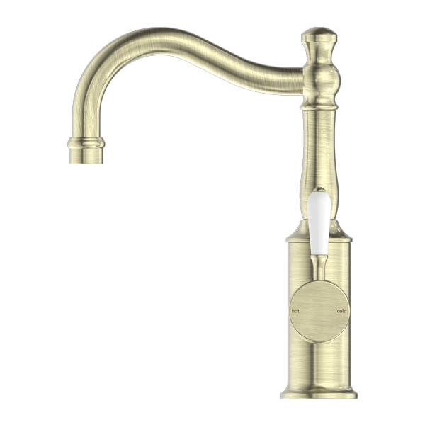 Nero York Basin Mixer Hook Spout With White Porcelain Lever Aged Brass - Sydney Home Centre