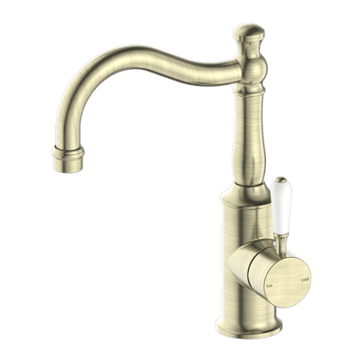 Nero York Basin Mixer Hook Spout With White Porcelain Lever Aged Brass - Sydney Home Centre