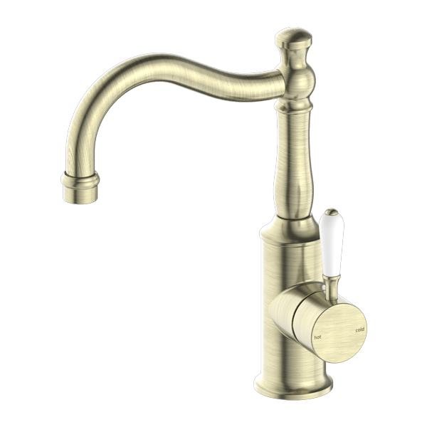 Nero York Basin Mixer Hook Spout With White Porcelain Lever Aged Brass - Sydney Home Centre