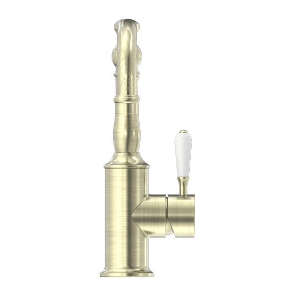 Nero York Basin Mixer Hook Spout With White Porcelain Lever Aged Brass - Sydney Home Centre