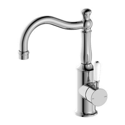 Nero York Basin Mixer Hook Spout With White Porcelain Lever Chrome - Sydney Home Centre