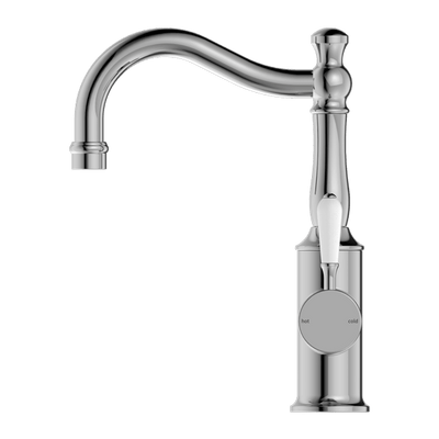 Nero York Basin Mixer Hook Spout With White Porcelain Lever Chrome - Sydney Home Centre