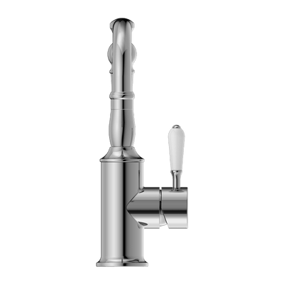 Nero York Basin Mixer Hook Spout With White Porcelain Lever Chrome - Sydney Home Centre