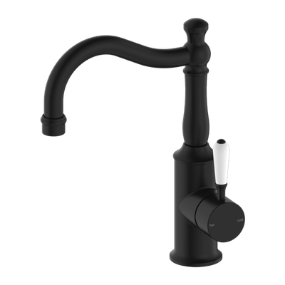 Nero York Basin Mixer Hook Spout With White Porcelain Lever Matte Black - Sydney Home Centre