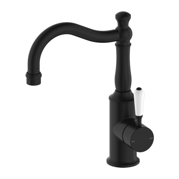 Nero York Basin Mixer Hook Spout With White Porcelain Lever Matte Black - Sydney Home Centre