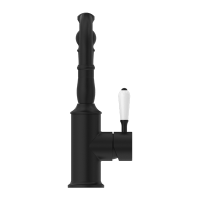 Nero York Basin Mixer Hook Spout With White Porcelain Lever Matte Black - Sydney Home Centre