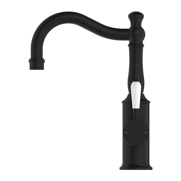 Nero York Basin Mixer Hook Spout With White Porcelain Lever Matte Black - Sydney Home Centre