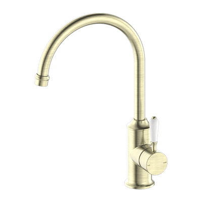 Nero York Kitchen Mixer Goosneck Spout With White Porcelain Lever Aged Brass - Sydney Home Centre