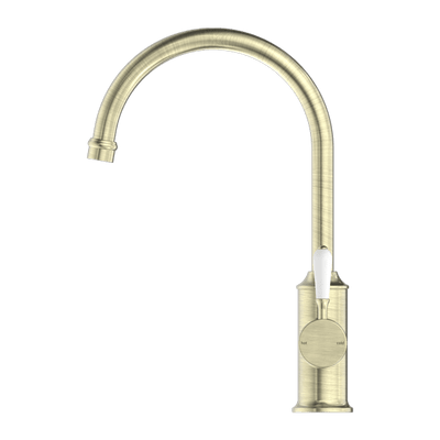 Nero York Kitchen Mixer Goosneck Spout With White Porcelain Lever Aged Brass - Sydney Home Centre