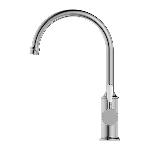 Nero York Kitchen Mixer Goosneck Spout With White Porcelain Lever Chrome - Sydney Home Centre