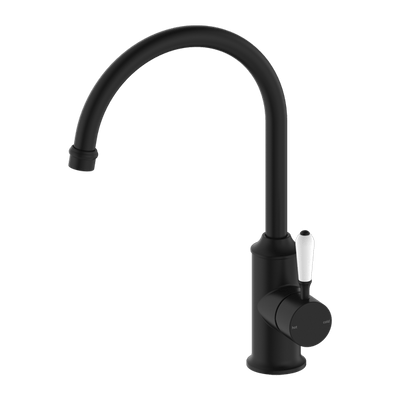 Nero York Kitchen Mixer Goosneck Spout With White Porcelain Lever Matte Black - Sydney Home Centre