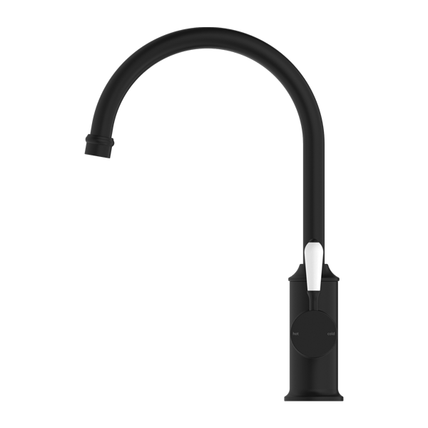 Nero York Kitchen Mixer Goosneck Spout With White Porcelain Lever Matte Black - Sydney Home Centre