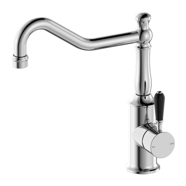 Nero York Kitchen Mixer Hook Spout With Black Porcelain Lever Chrome - Sydney Home Centre