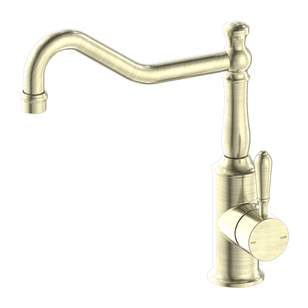 Nero York Kitchen Mixer Hook Spout With Metal Lever Aged Brass - Sydney Home Centre