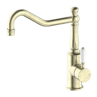 Nero York Kitchen Mixer Hook Spout With White Porcelain Lever Aged Brass - Sydney Home Centre