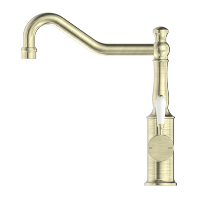 Nero York Kitchen Mixer Hook Spout With White Porcelain Lever Aged Brass - Sydney Home Centre