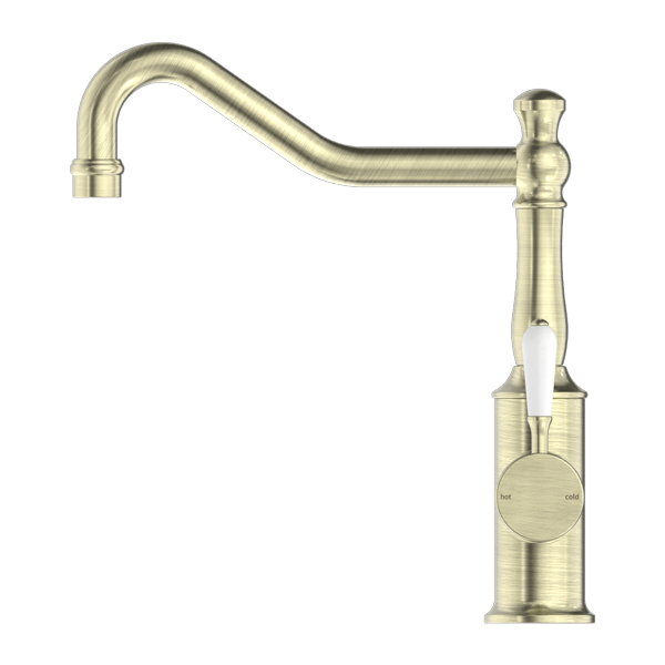 Nero York Kitchen Mixer Hook Spout With White Porcelain Lever Aged Brass - Sydney Home Centre