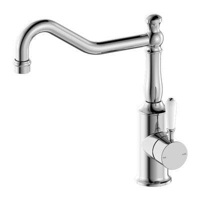 Nero York Kitchen Mixer Hook Spout With White Porcelain Lever Chrome - Sydney Home Centre