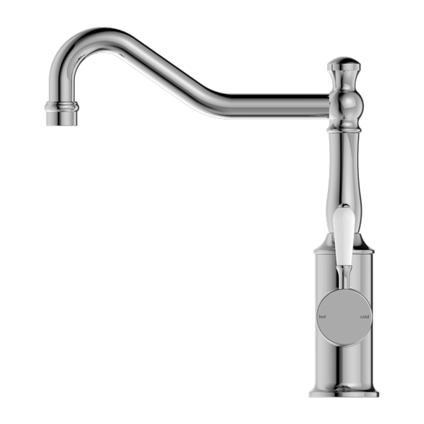 Nero York Kitchen Mixer Hook Spout With White Porcelain Lever Chrome - Sydney Home Centre