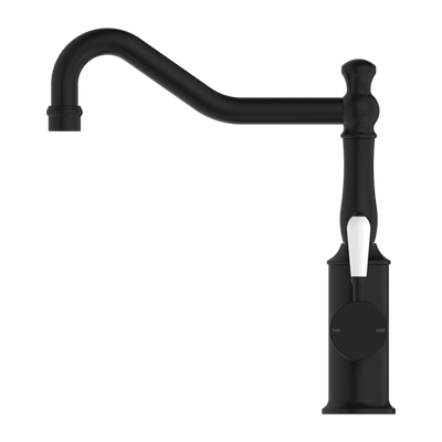 Nero York Kitchen Mixer Hook Spout With White Porcelain Lever Matte Black - Sydney Home Centre