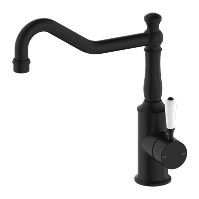 Nero York Kitchen Mixer Hook Spout With White Porcelain Lever Matte Black - Sydney Home Centre