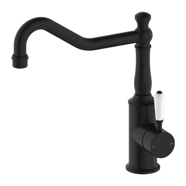 Nero York Kitchen Mixer Hook Spout With White Porcelain Lever Matte Black - Sydney Home Centre