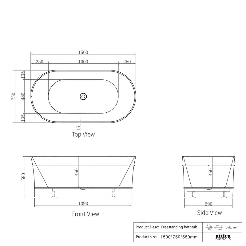 Otti Attica Bondi 1500 Matte White Bath - Sydney Home Centre