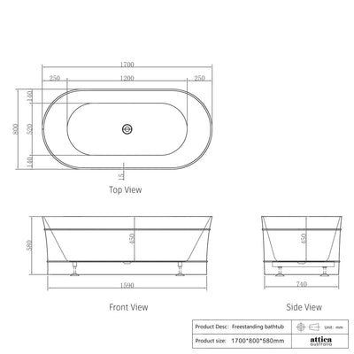 Otti Attica Bondi 1700 Matte White Bath - Sydney Home Centre