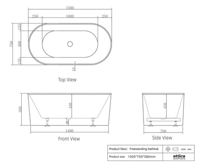 Otti Attica Noosa 1500 Matte White Bath - Sydney Home Centre