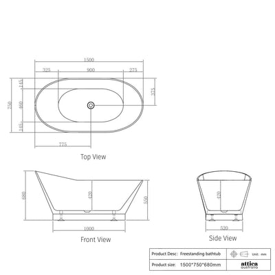 Otti London 1500mm Gloss White Bath - Sydney Home Centre