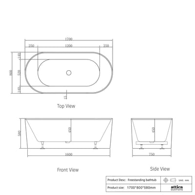 Otti Noosa 1700mm Gloss White Bath - Sydney Home Centre