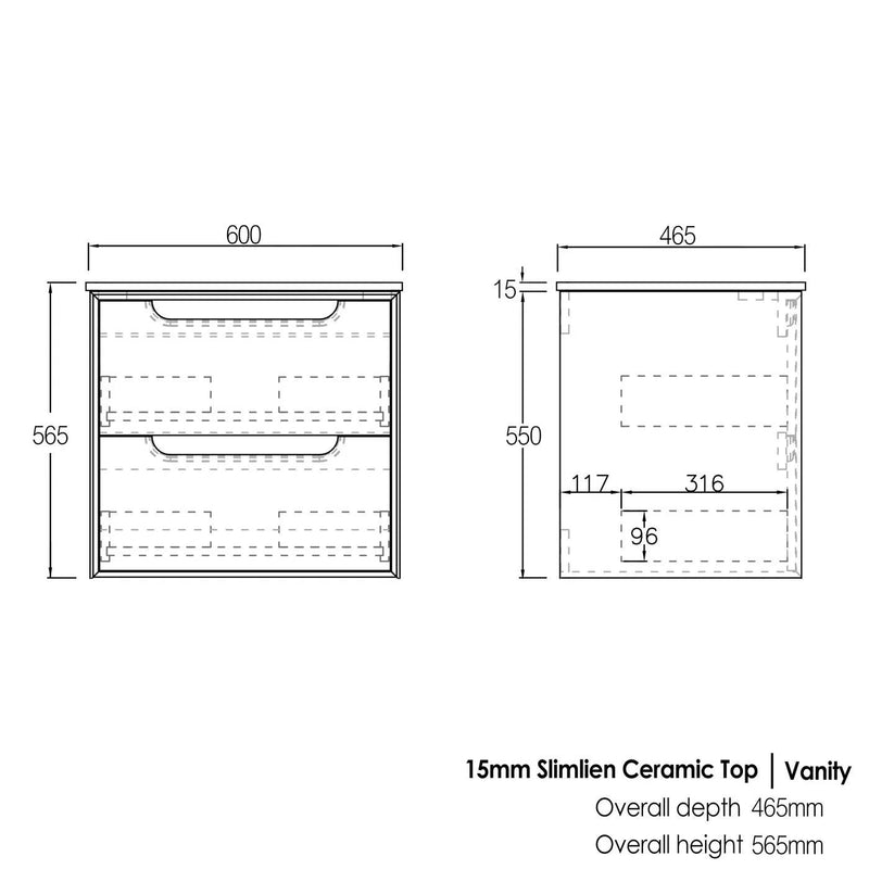 Otti Byron 600mm Wall Hung Vanity Natural Oak (Slimline Ceramic Top) - Sydney Home Centre