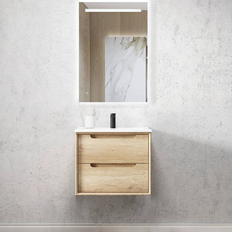 Otti Byron 600mm Wall Hung Vanity Natural Oak (Slimline Ceramic Top) - Sydney Home Centre