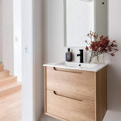 Otti Byron 600mm Wall Hung Vanity Natural Oak (Slimline Ceramic Top) - Sydney Home Centre