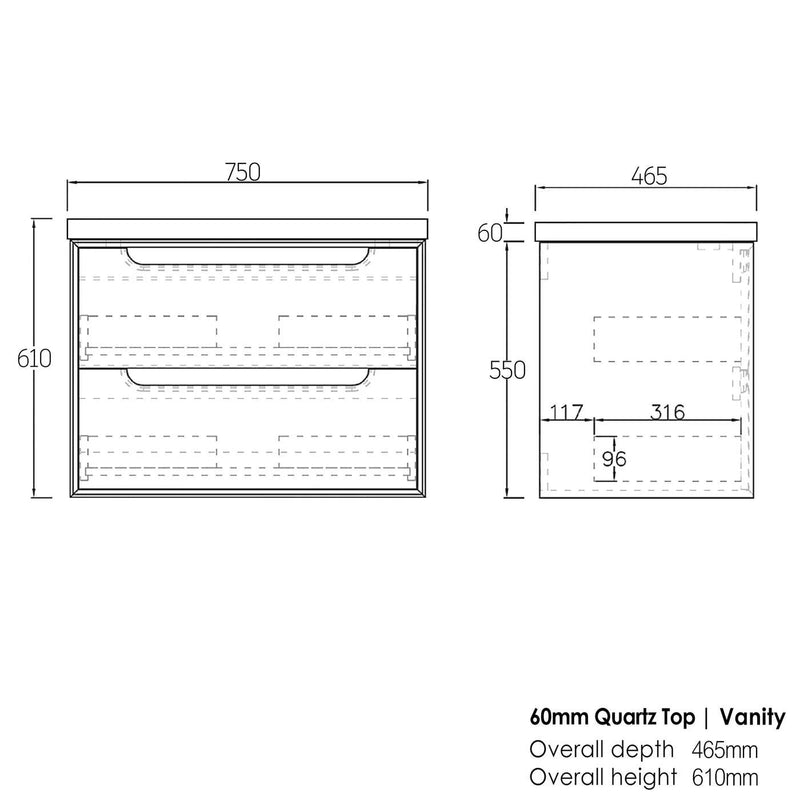 Otti Byron 750mm Wall Hung Vanity Black Oak (60 Stone Top) - Sydney Home Centre