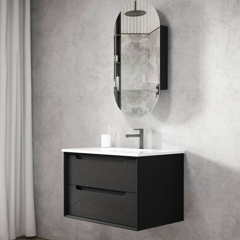 Otti Byron 750mm Wall Hung Vanity Black Oak (Slimline Ceramic Top) - Sydney Home Centre