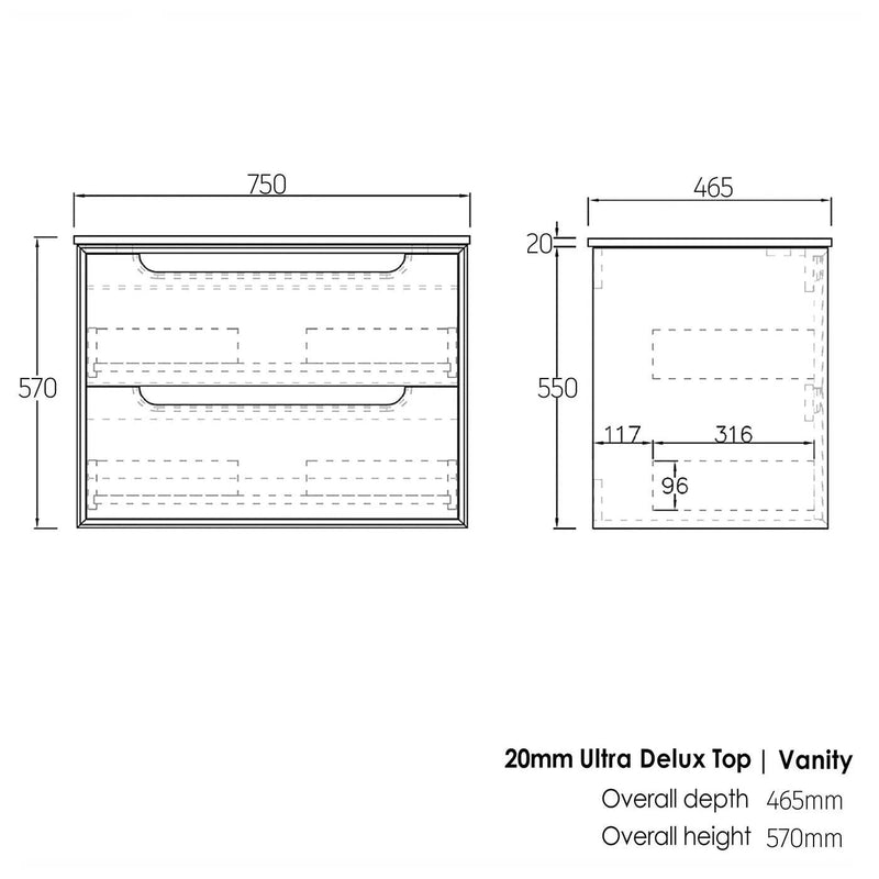 Otti Byron 750mm Wall Hung Vanity Black Oak (Ultra Deluxe Stone Top) - Sydney Home Centre