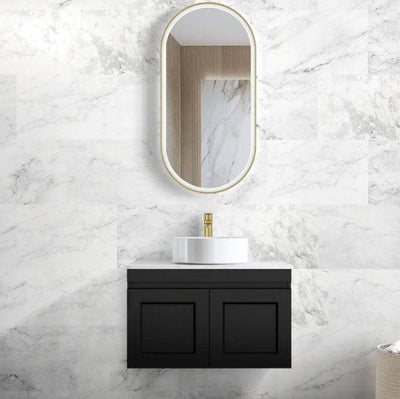 Otti Hampton Mark II 750mm Wall Hung Vanity Black Satin (Rock Plate Top) - Sydney Home Centre