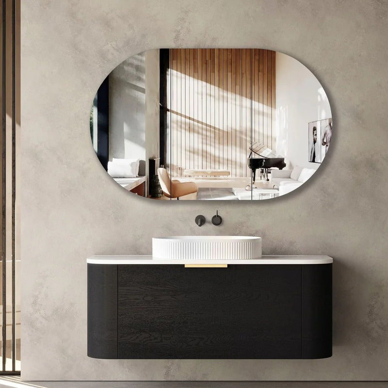 Otti Bondi 1200mm Curve Vanity Black Oak (Natural Marble Top) - WHILE STOCK LASTS - Sydney Home Centre